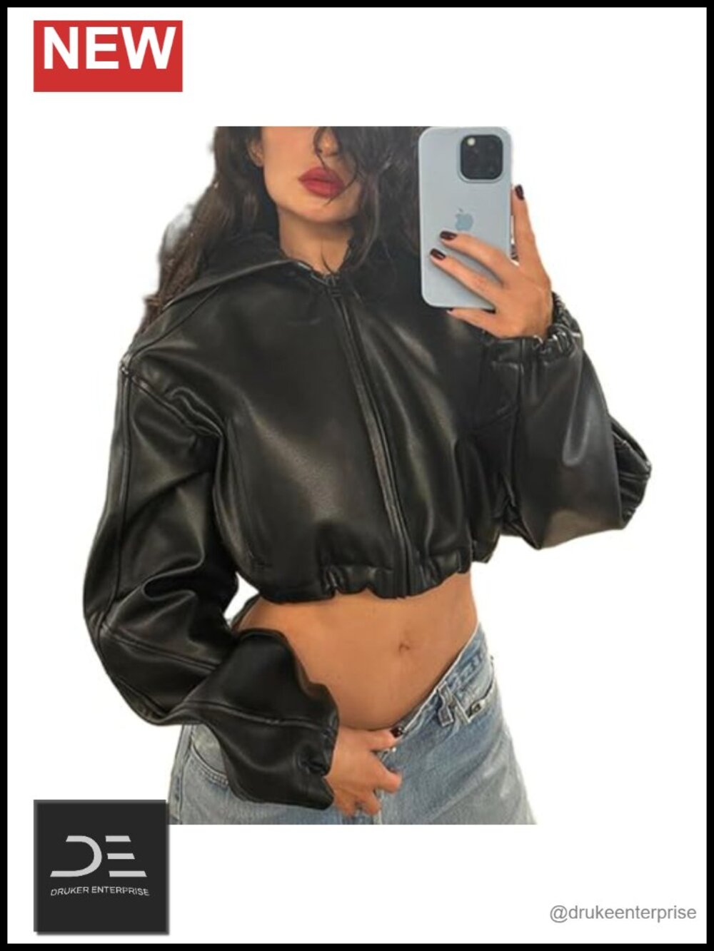 Faux Leather Jacket Women Zip Up Hooded Crop Moto Bomber